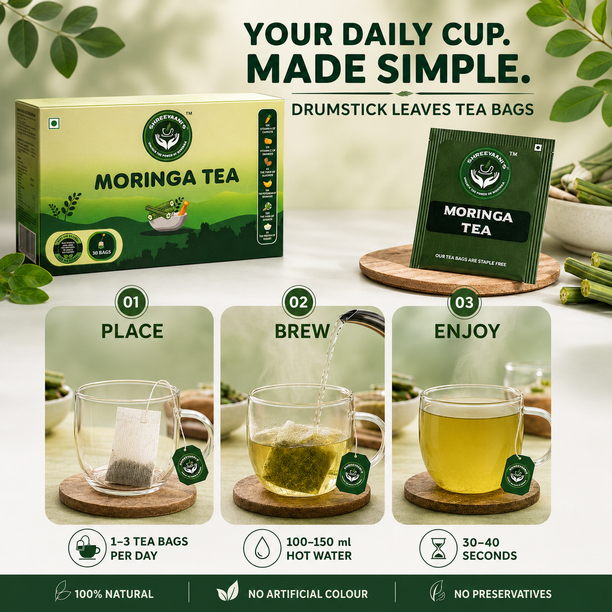 Moringa Tea Bags | 30 Bags | 100% Drumstick Leaves nutrition facts
