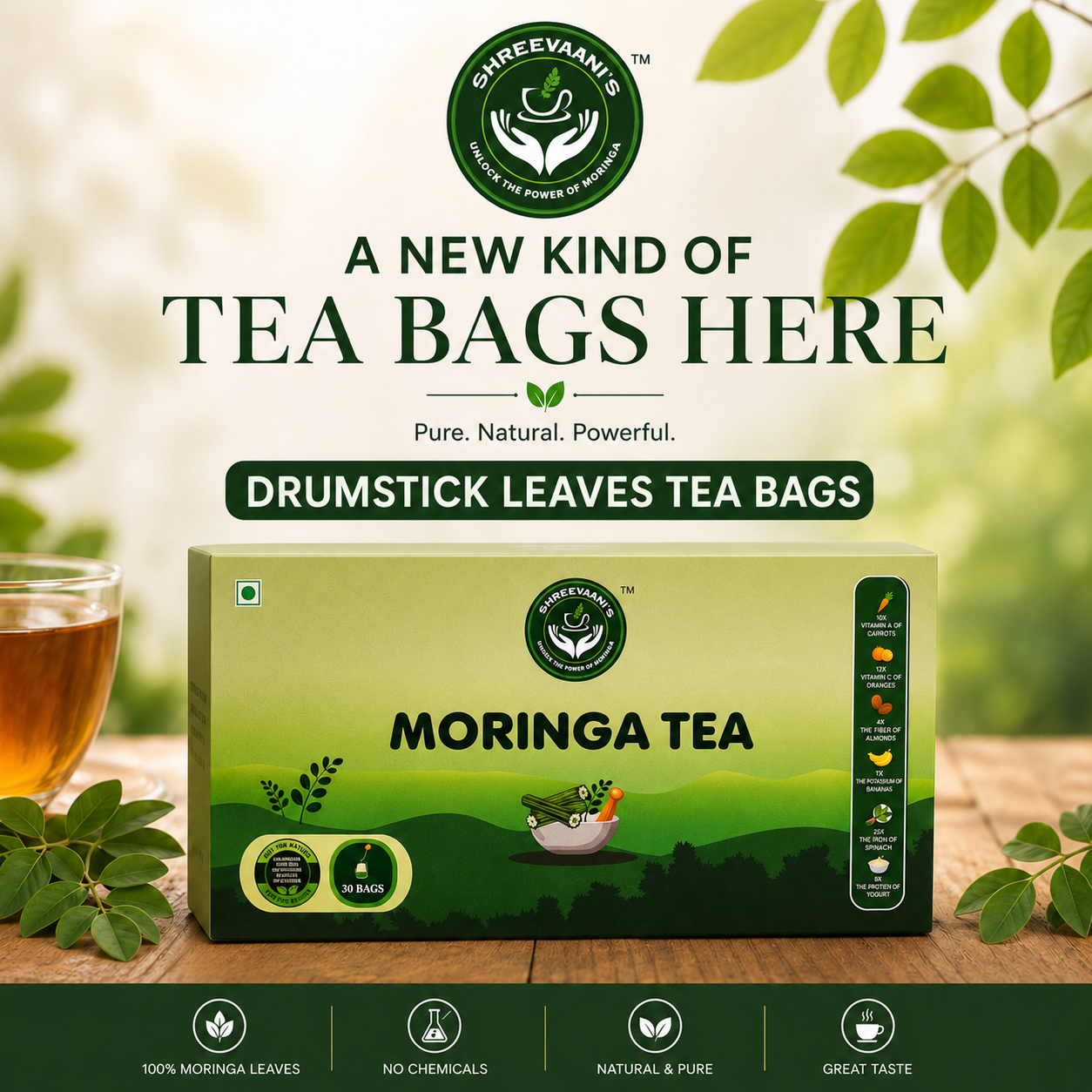 Moringa Tea Bags | 30 Bags | 100% Drumstick Leaves